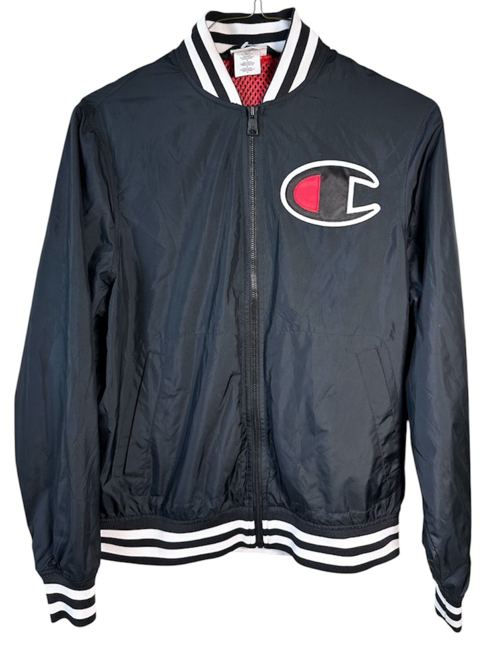 Champion Men’s Medium Bomber Jacket Black Big Logo Varsity Windbreaker